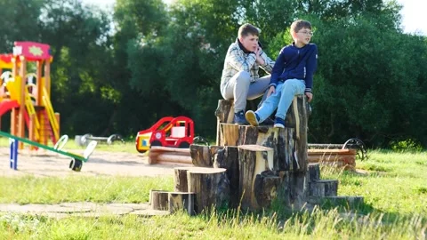A group of boys are happily playing on a wooden stump within the vibrant Stock Footage 314746969
