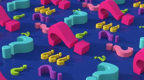 Group of bright colorful question marks. Abstract illustration, 3d render. Illustrazione stock