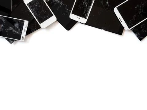 Group of broken smartphone screen (e-waste) isolate Stock Photos