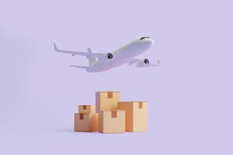 Group of brown cardboard boxes and flying airplane Stock Illustration