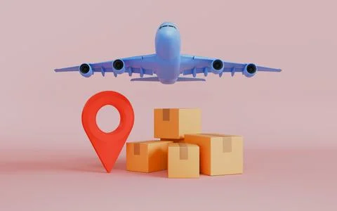 Group of brown cardboard boxes with location pointer and flying airplane Stock Illustration