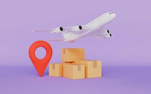 Group of brown cardboard boxes with location pointer and flying airplane Stock Illustration