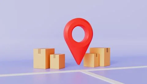 Group of brown cardboard boxes, Pin location symbol, Online shopping Stock Illustration