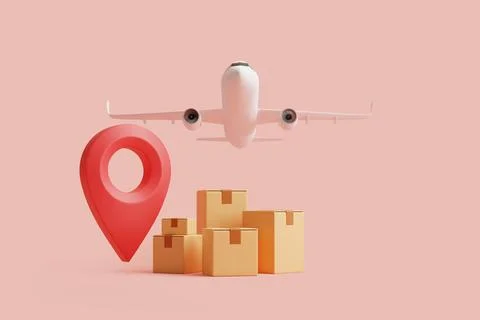 Group of brown cardboard boxes with red location pointer under flying airplane Stock Illustration