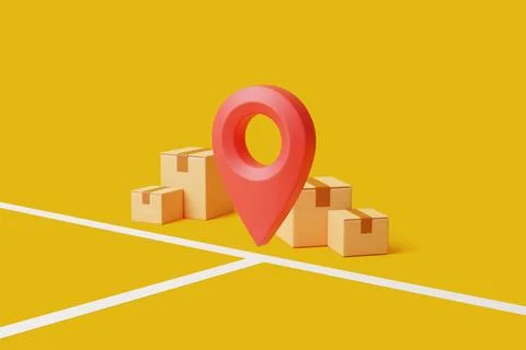 Group of brown cardboard boxes with red location pointer with white lines Illustrazione stock