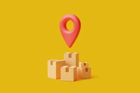Group of brown cardboard boxes with red location pointer. Yellow background Stock Illustration