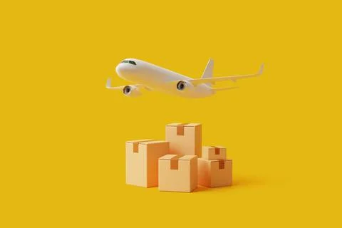 Group of brown cardboard boxes  under flying airplane on yellow background Stock Illustration
