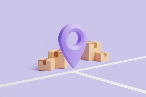 Group of brown cardboard boxes with violet location pointer with white lines 스톡 일러스트