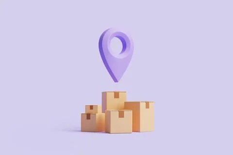 Group of brown cardboard boxes with violet location pointer 스톡 일러스트