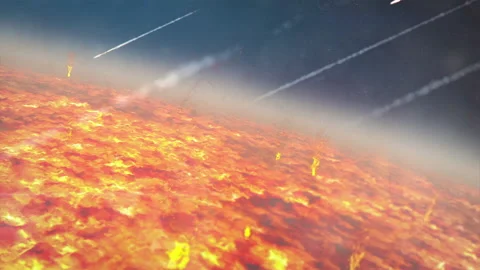Group of burning exploding asteroids from deep space approaches to fire planet Stock Footage 102839765