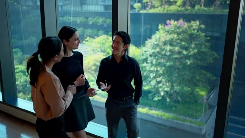 Group of business colleagues discussing a project during a break Видео 339659657