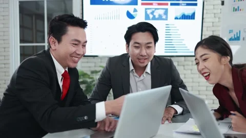 Group business looking computer screens receives good news Stock Footage 196592515