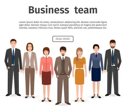 Group of business team. Set of flat men and women, office employee standing t Stock Illustration