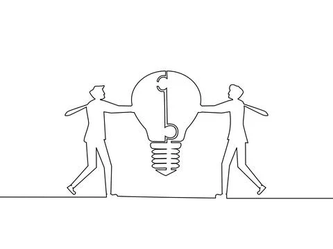 A group of businessmen associate the idea of a light bulb puzzle. business co Stock Illustration