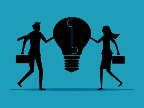 A group of businessmen associate the idea of a light bulb puzzle. business co 库存插图