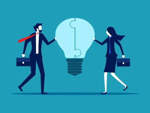 A group of businessmen associate the idea of a light bulb puzzle. business co Stockillustratie