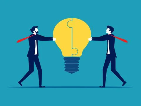 A group of businessmen associate the idea of a light bulb puzzle. business co イラスト素材