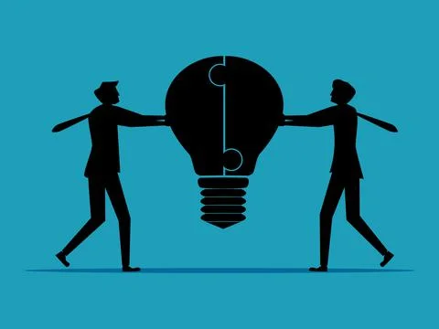 A group of businessmen associate the idea of a light bulb puzzle. business co 스톡 일러스트