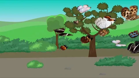 Group of butterflies flying in nature background with fields animation Видео 311010743