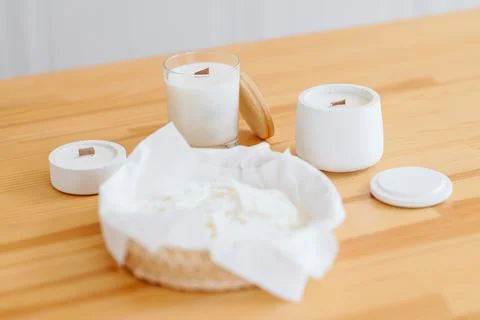 Group Candles of Various Sizes in Jar and Plaster Planter with Lids Stand on  Stock Photos