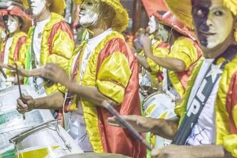 Group of Candombe Drummers at Carnival Parade of Uruguay MONTEVIDEO, URUGU... Stock-Fotos