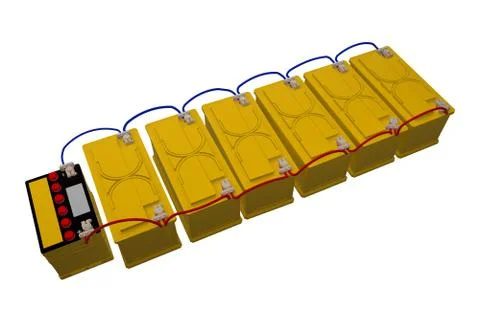 Group car batteries connected 3d rendering Illustrazione stock