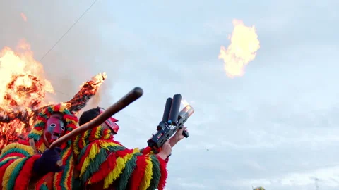 Group of carnival characters throw fire Stockbeeldmateriaal 268345917