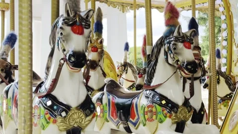 A group of carousel horses are lined up in a row Stock Footage 283488649