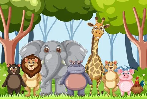 Group of Cartoon Animals Standing in Forest Clearing Stock Illustration
