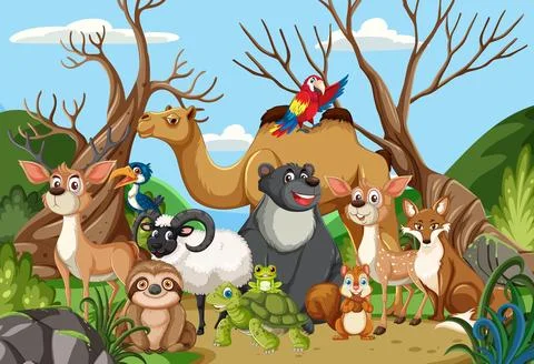 Group of Cartoon Forest and Desert Animals in Nature Stock Illustration