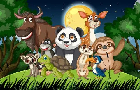 Group of Cartoon Forest Animals Under Full Moon at Night Stock Illustration
