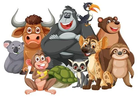 Group of Cartoon Wild Animals Smiling Together Stock Illustration