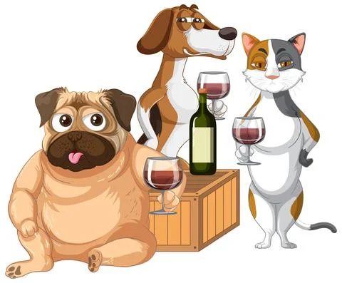 A group of cat and dog drinking wine Stock Illustration