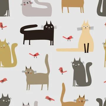 Group of Cats Seamless Pattern with Calm Pastel Color Stock Illustration