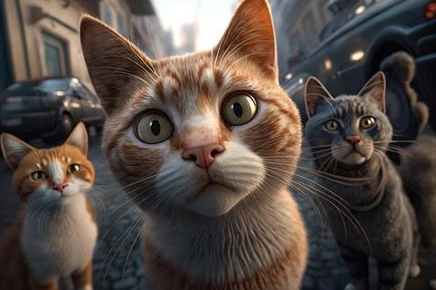 A group of cats standing next to each other on a street near a car and a bu.. Ilustración de archivo
