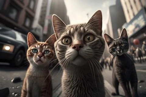 A group of cats standing on the side of a road next to a car and a building.. Ilustración de archivo