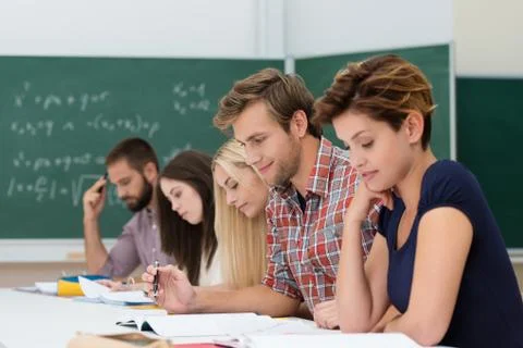 Group of caucasian determinated students studyng Stock Photos