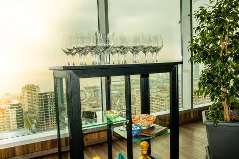Group of Champagne glasses on table ready to be served. Stock Photos