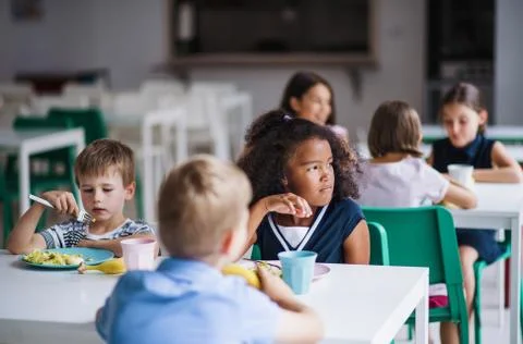 A group of cheerful small school kids in canteen, eating lunch. Stock Photos