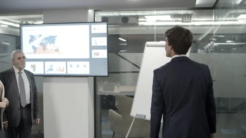 Group of cheerful workers shaking hands in office and talking Video stock 125429576