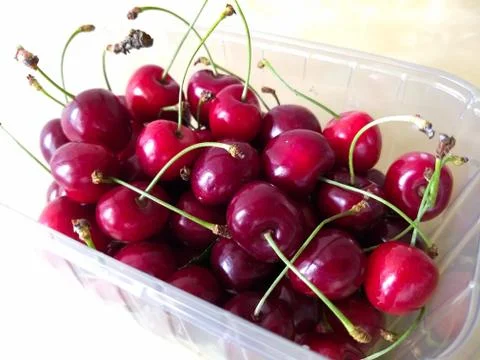 A group of cherries in plastic vessel Stock Photos