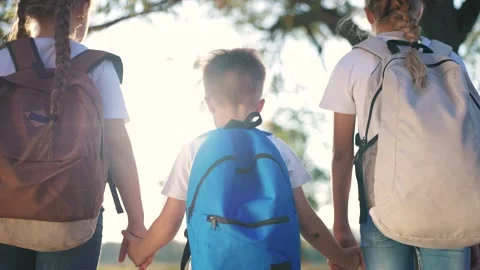 A group of children are standing in the forest with backpacks on their backs Stock Footage 320834648