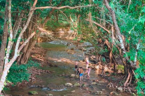 A group of children are walking to explore the nature of the stream at Hin Da Foto stock
