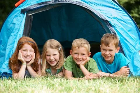 Group Of Children On Camping Trip Together Stock Photos