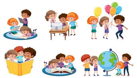 A group of children doing activities on white background Stock Illustration