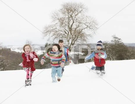 Group of children having fun in snowy countryside Stock Photos