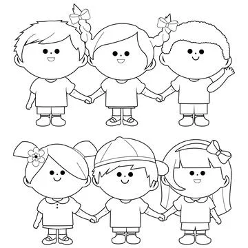 Group of children holding hands. Vector black and white coloring page Stock Illustration