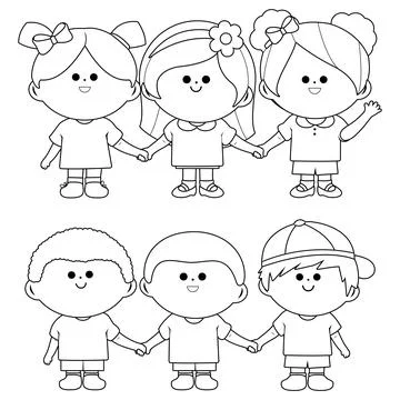 Group of children holding hands. Vector black and white coloring page Stock Illustration