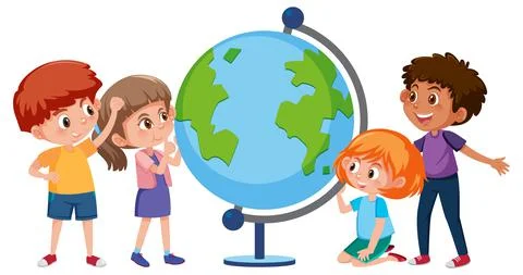 A group of children learning with globe Stock Illustration