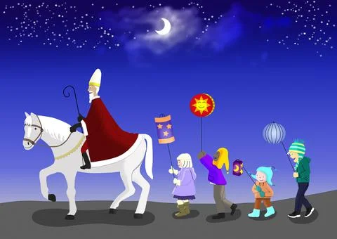A group of children makes a torchlight procession to the Saint Martin's feast Stock Illustration